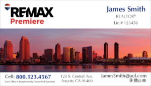 remax business card with a view of city skyscrapers