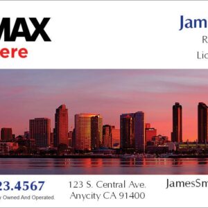 remax business card with a view of city skyscrapers