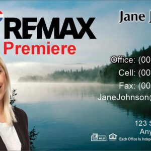 remax business card with foggy lake background