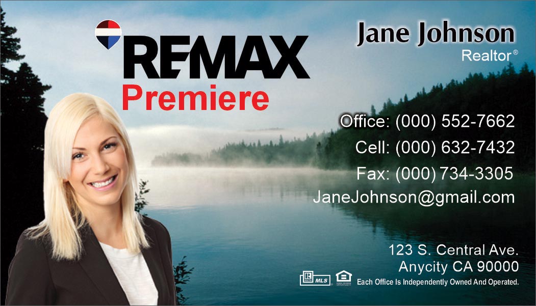remax business card with foggy lake background
