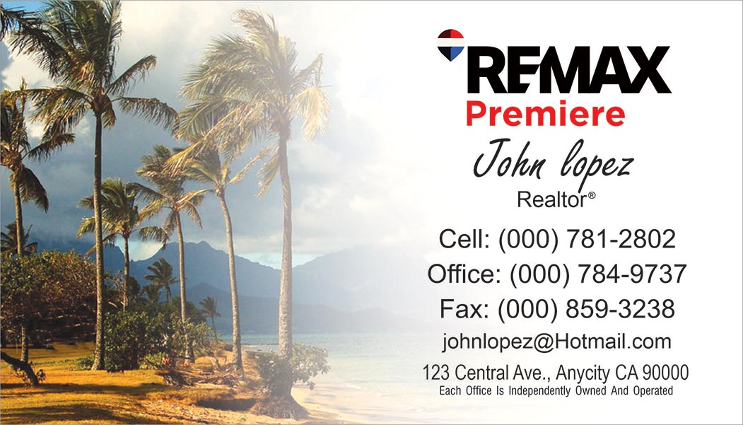 remax business card with island trees background