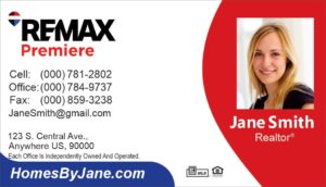 white remax business card with blue and red sections