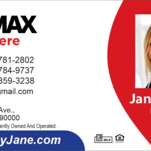 white remax business card with blue and red sections