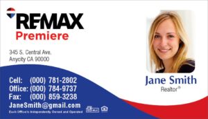 white remax business card with square photo and red and blue stripes at the top