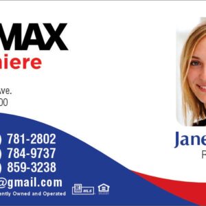 white remax business card with square photo and red and blue stripes at the top