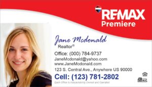 white remax business card with square photo and red stripe at the top