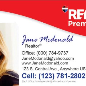 white remax business card with square photo and red stripe at the top